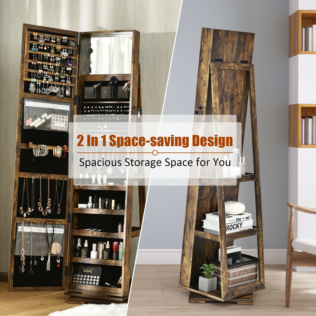 360° Rotatable Jewelry Cabinet with Mirror - Rustic Brown, 3 Shelves