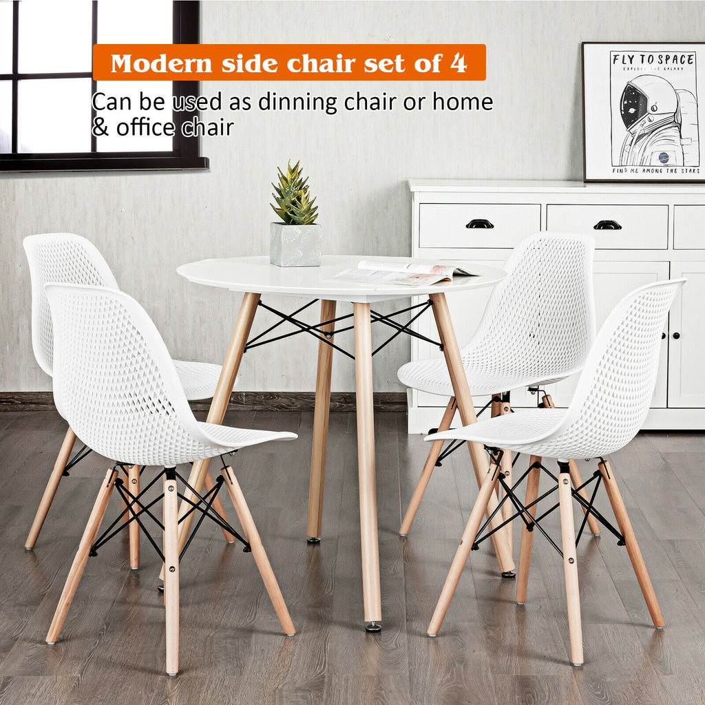 Modern Plastic Hollow Chair Set 4-Pack with Wood Legs - White