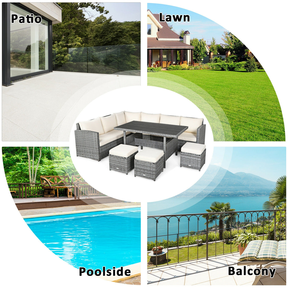7-Piece Outdoor Wicker Sectional Sofa Set with Dining Table - Beige
