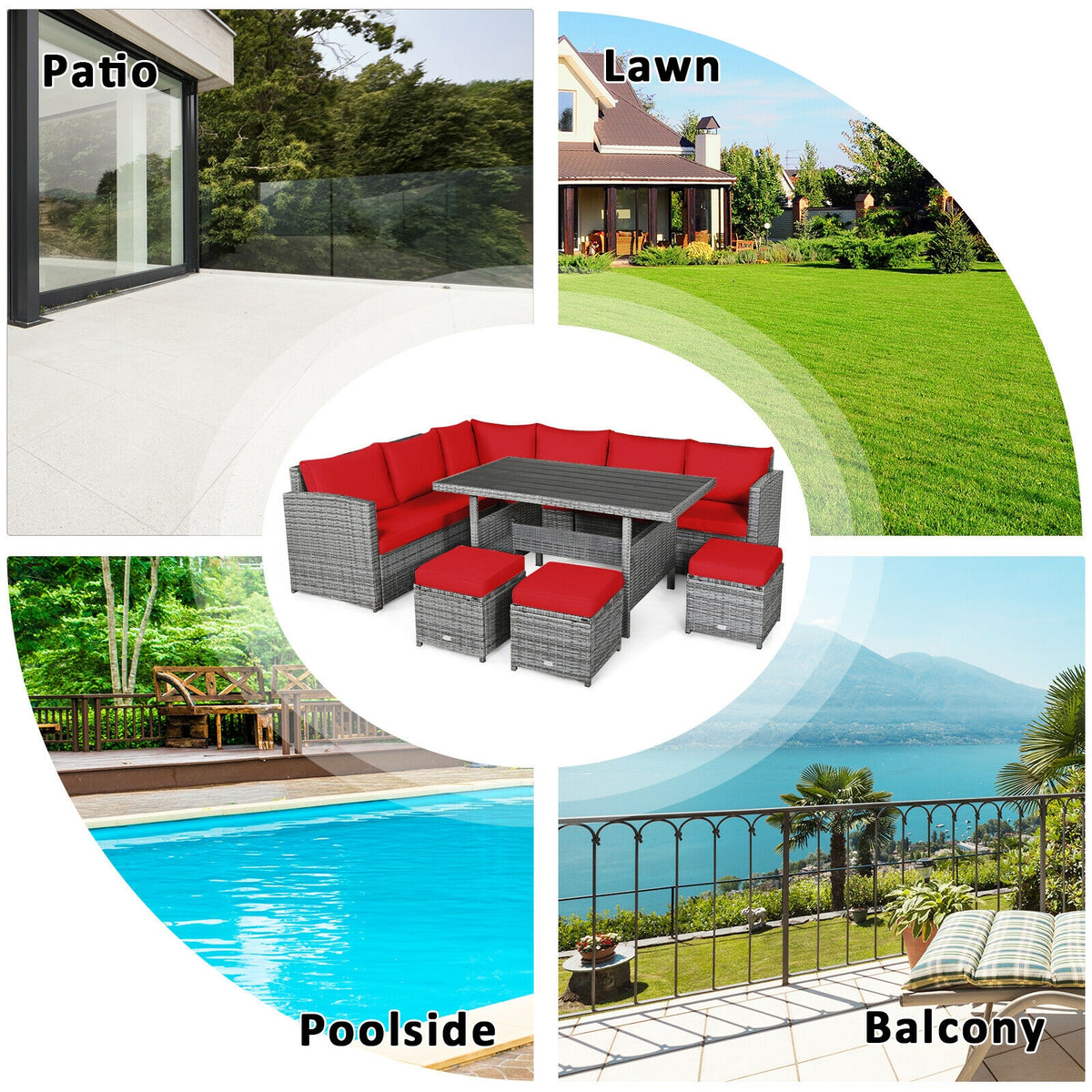 7-Piece Outdoor Wicker Sectional Sofa Set with Dining Table - Red