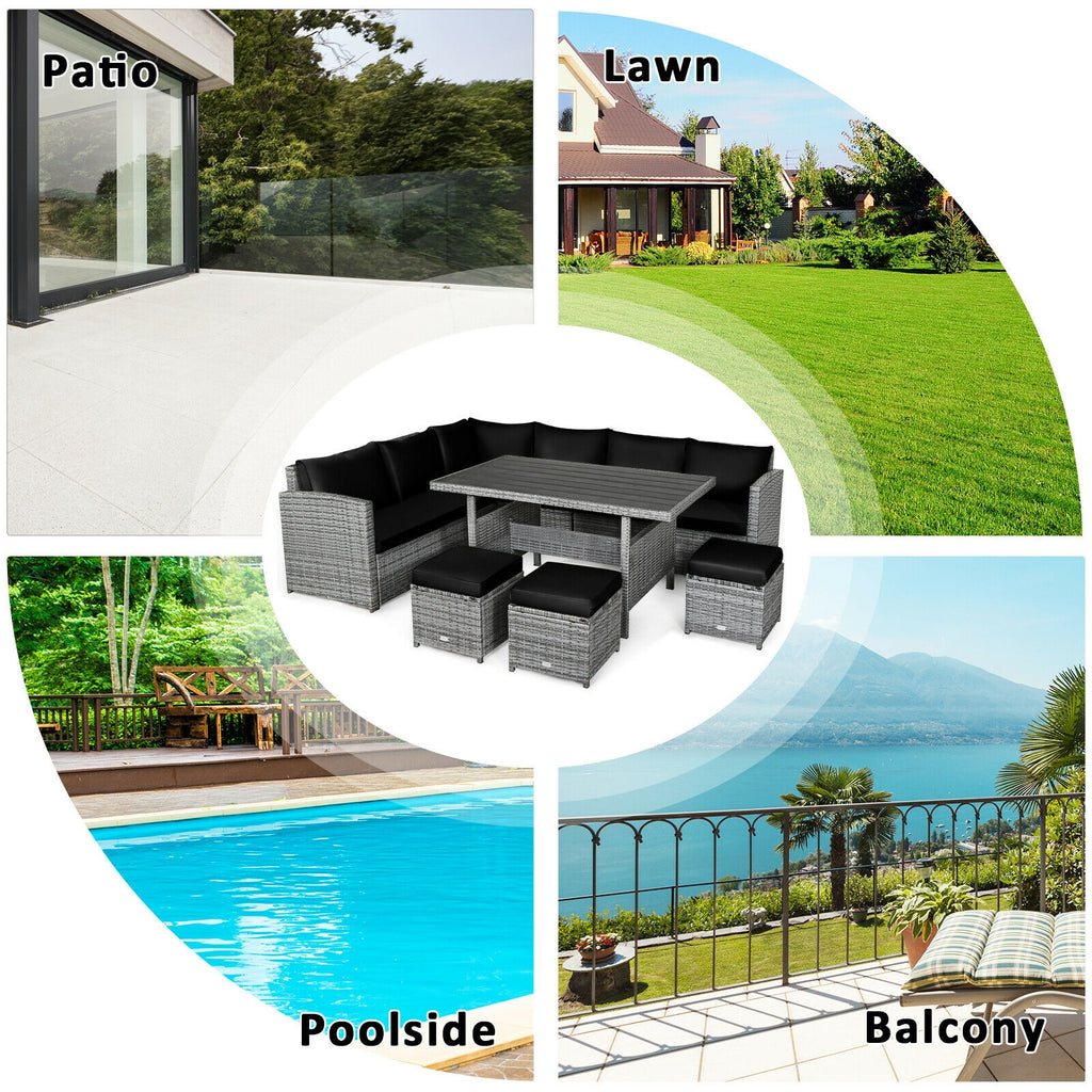 7-Piece Outdoor Wicker Sectional Sofa Set with Dining Table - Black