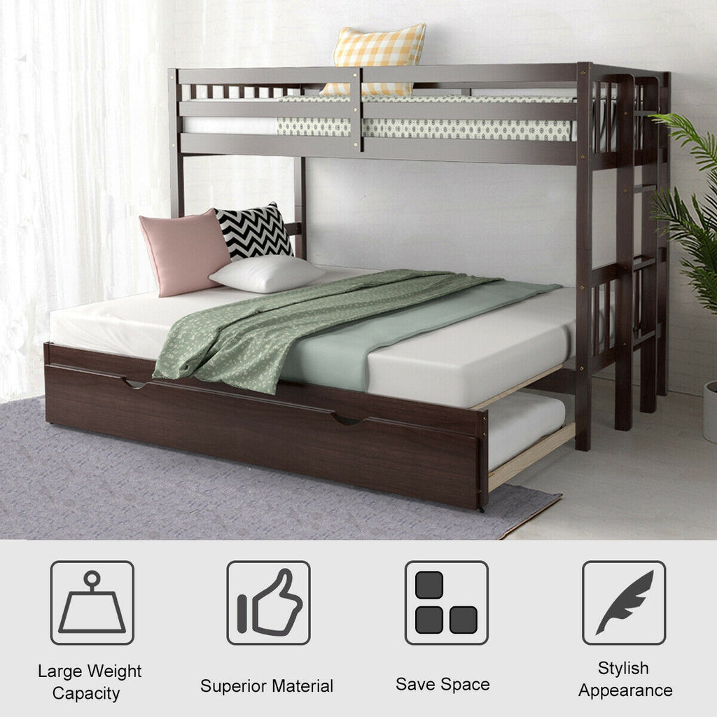 Twin Bunk Bed with Trundle & Wooden Ladder - Dark Brown