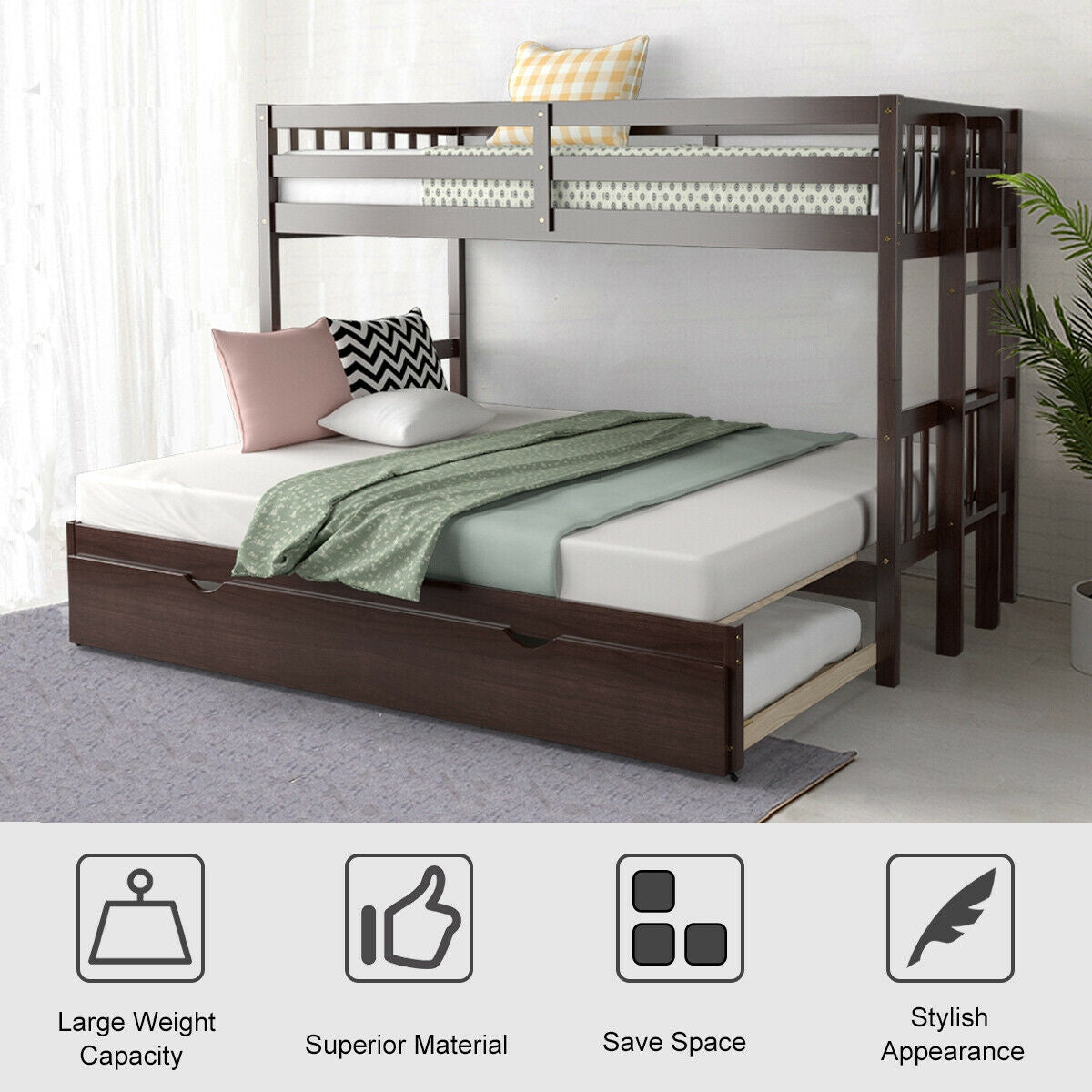 Twin Bunk Bed with Trundle & Wooden Ladder - Dark Brown