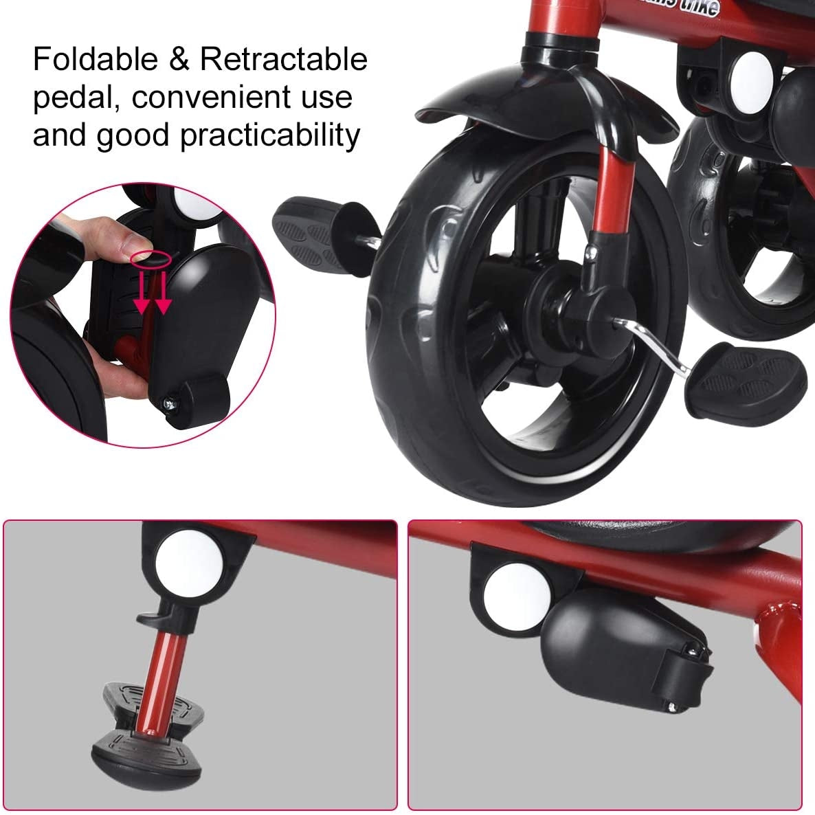 Kids Tricycle with Adjustable Push Handle - Red Safety & Comfort Features