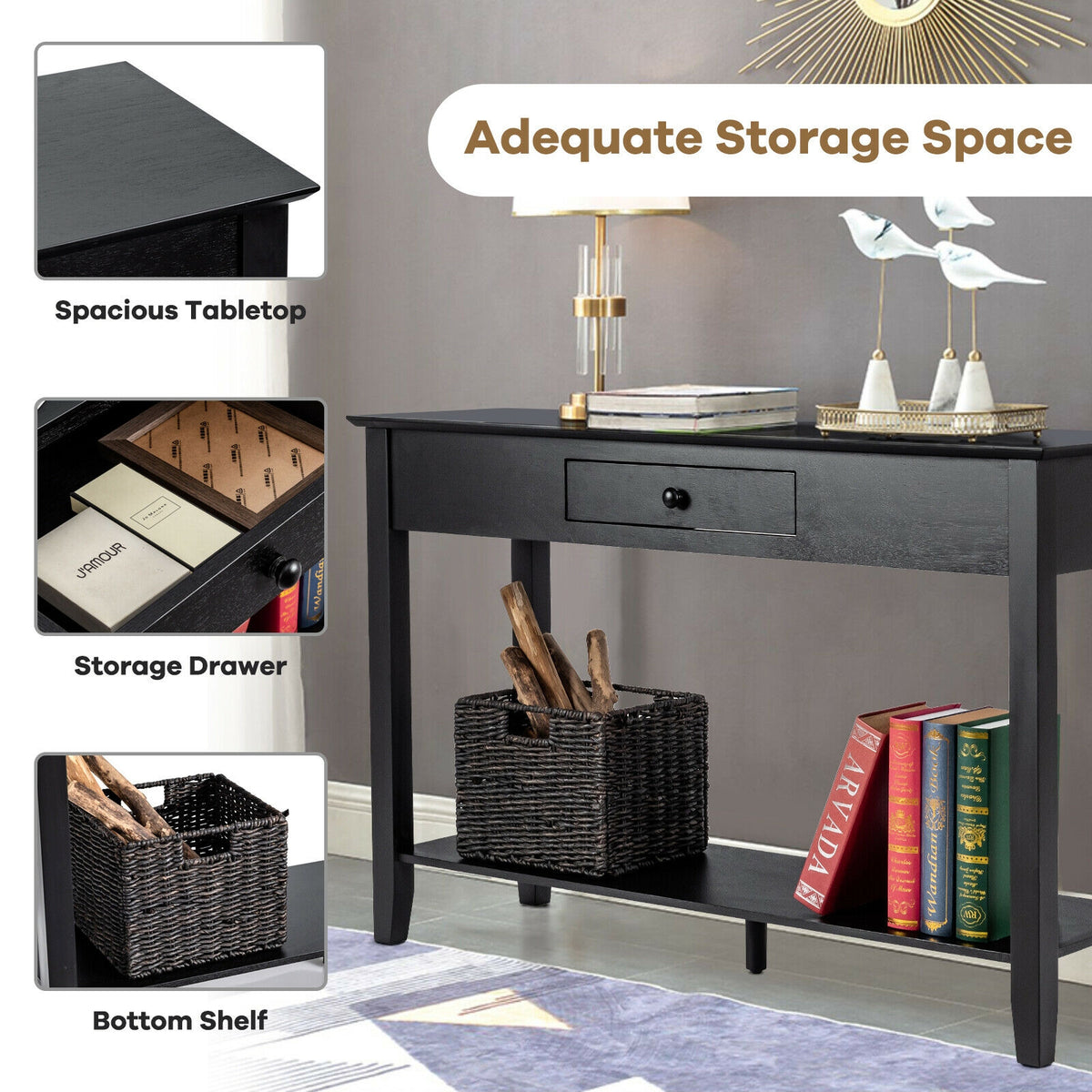Console Sofa Table with Drawer Storage - Black