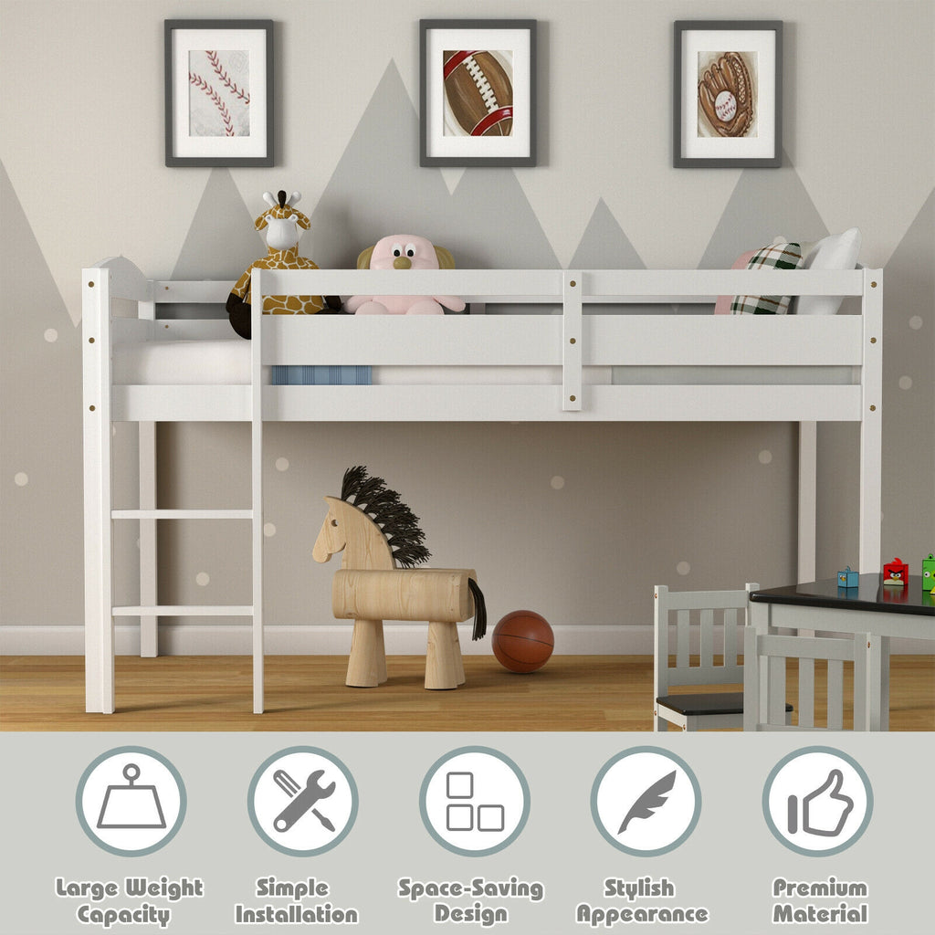 Twin Loft Bed with Guardrail and Ladder, White