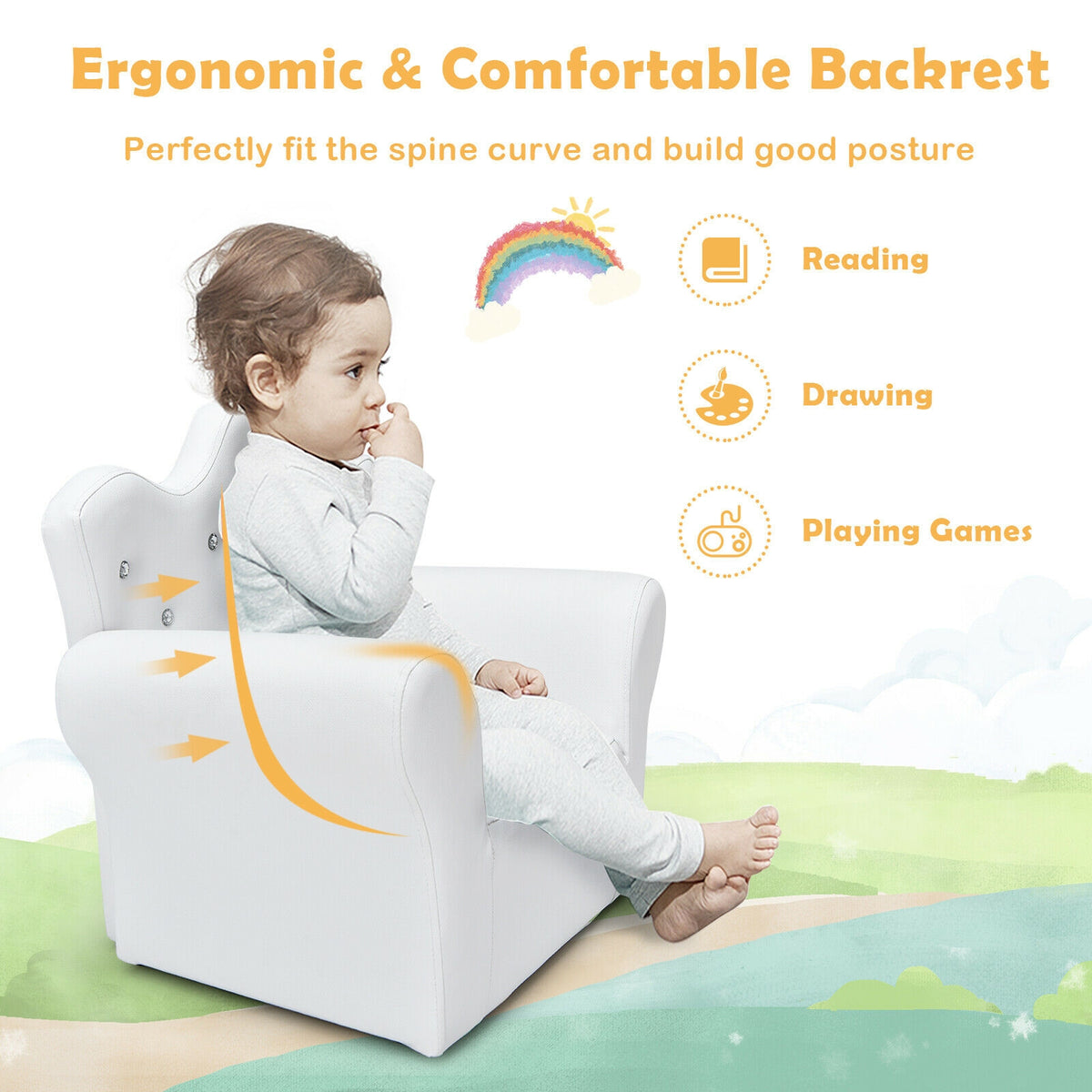 Children Upholstered Princess Sofa with Ottoman - White, Safe & Comfortable