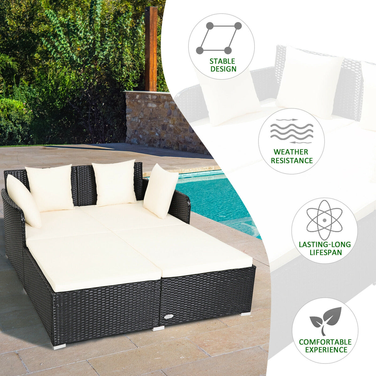 Spacious Outdoor Rattan Daybed with Upholstered Cushions and Pillows