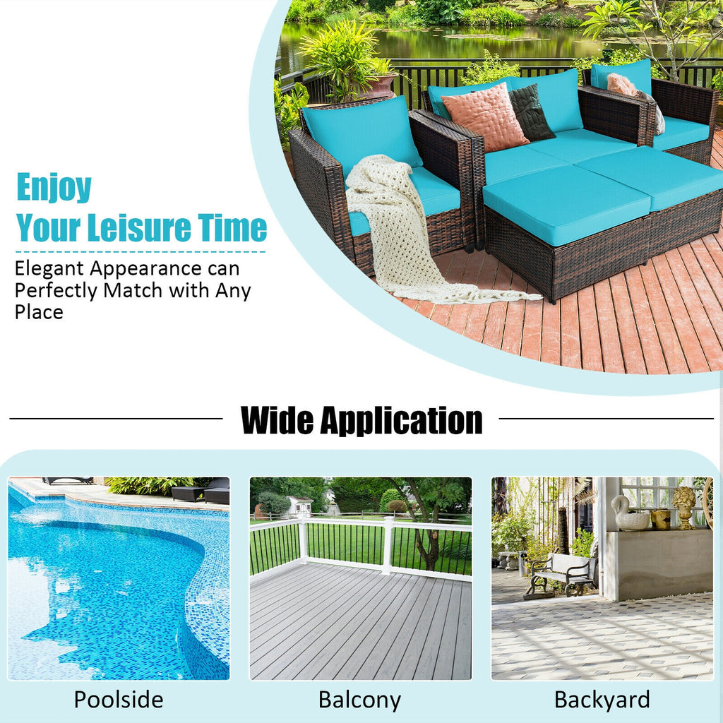 5-Piece Patio Rattan Furniture Set with Cushions - Turquoise