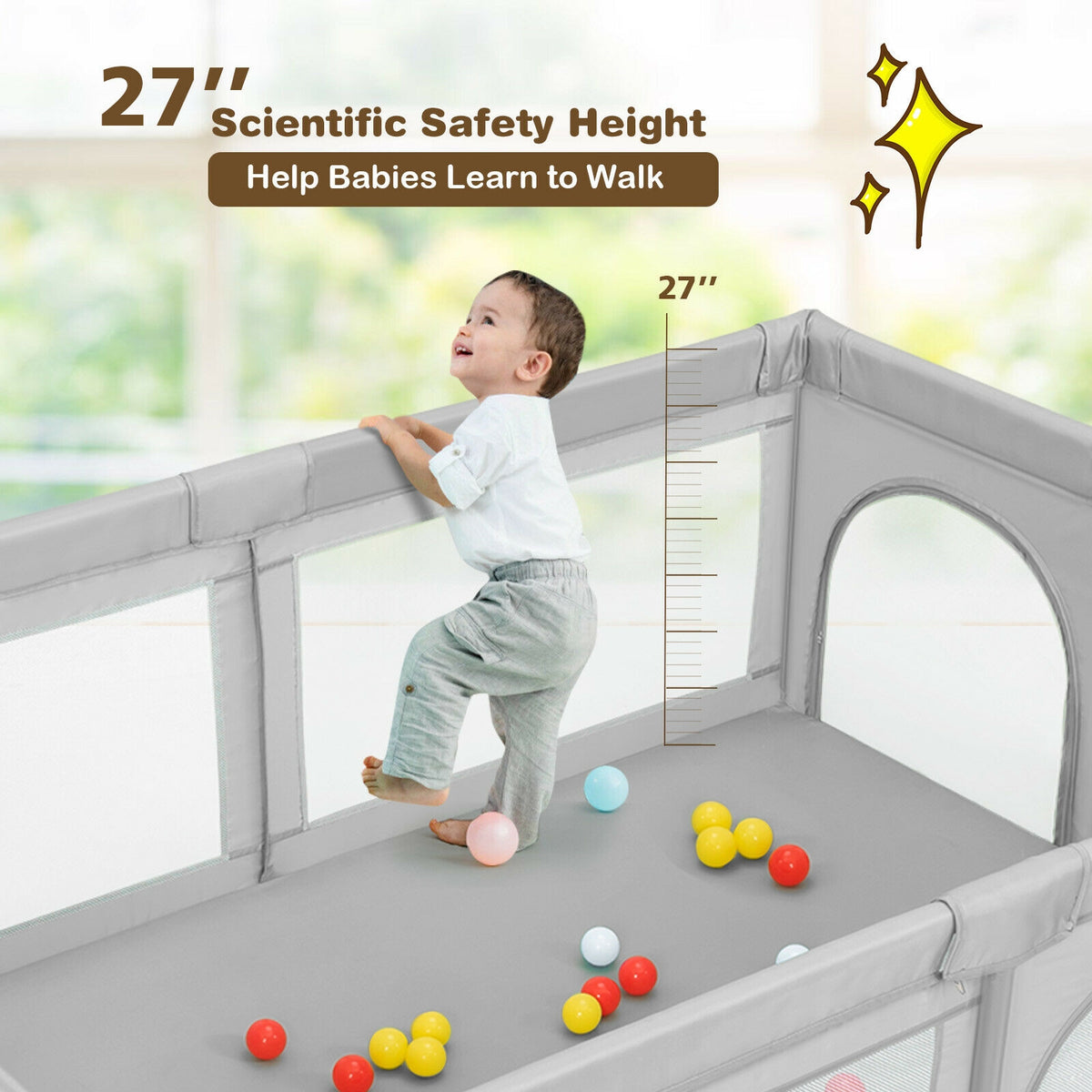 Gray 81 x 58 Inch Baby Playpen with 50 Ocean Balls & Zipper Doors - Safety & Kids Activity