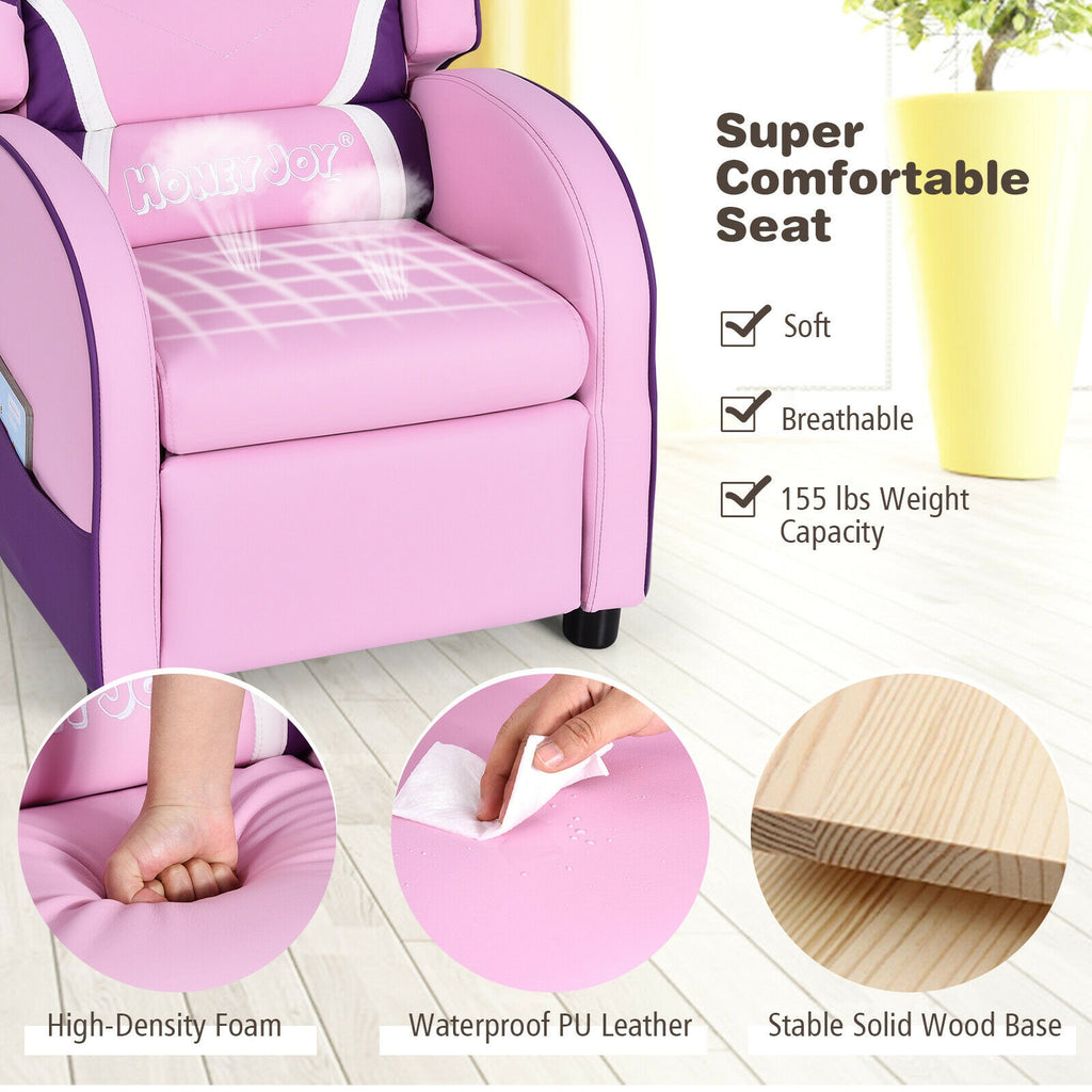 Kids Leather Recliner Chair with Side Pockets - Pink, Style B, Adjustable
