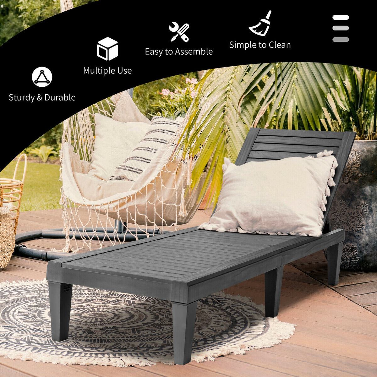Outdoor Chaise Lounge Chair 5-Position Adjustable Backrest - Black