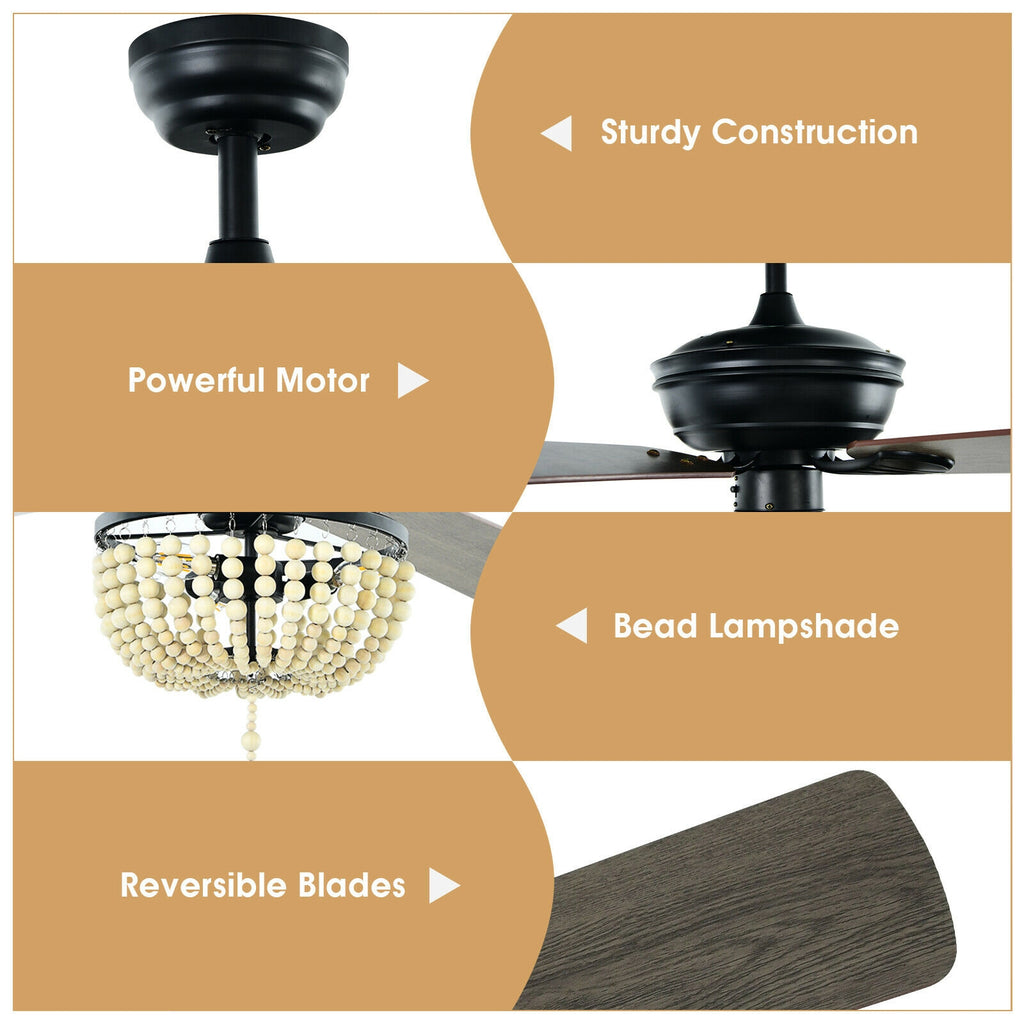 Retro Ceiling Fan Light with Reversible Blades and Remote Control - Black 52 Inch