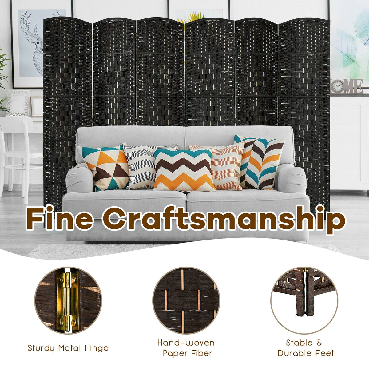 Foldable Fiber Room Divider Screen - 8-Panel Weave Fiber Privacy Divider - Black, 6 Feet