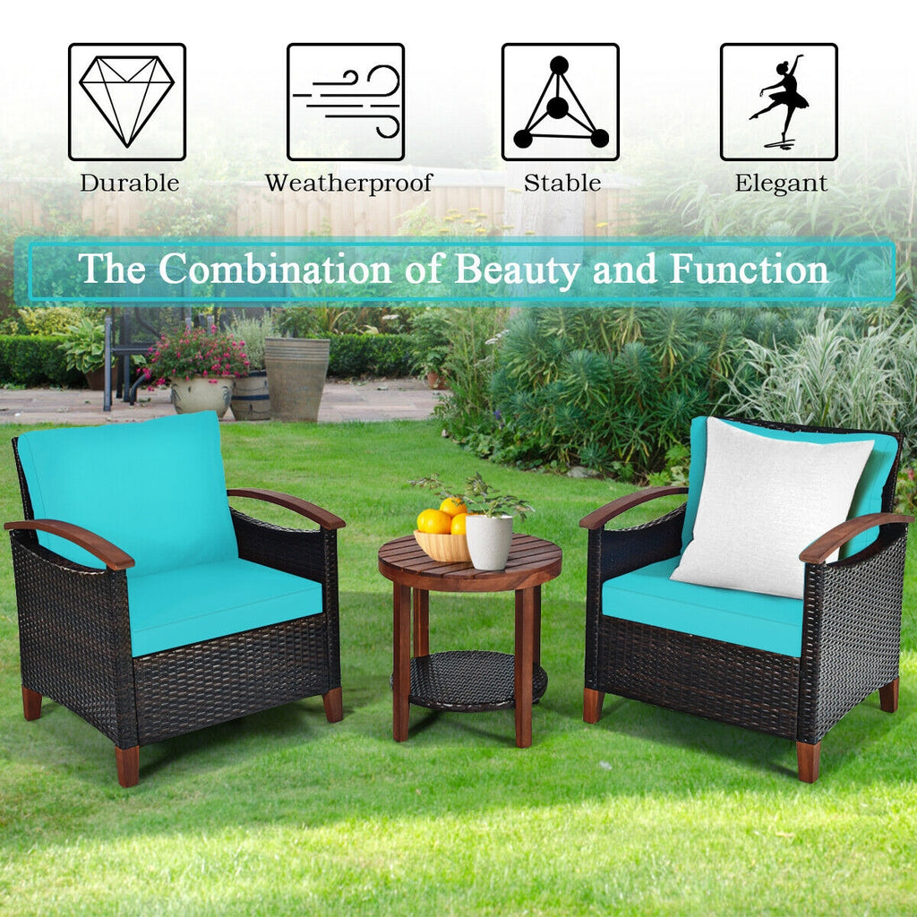 3-Piece Patio Wicker Furniture Set with Cushions - Turquoise