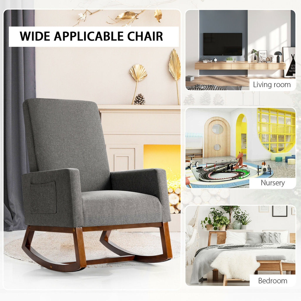 Rocking High Back Upholstered Armchair with Side Pocket - Gray