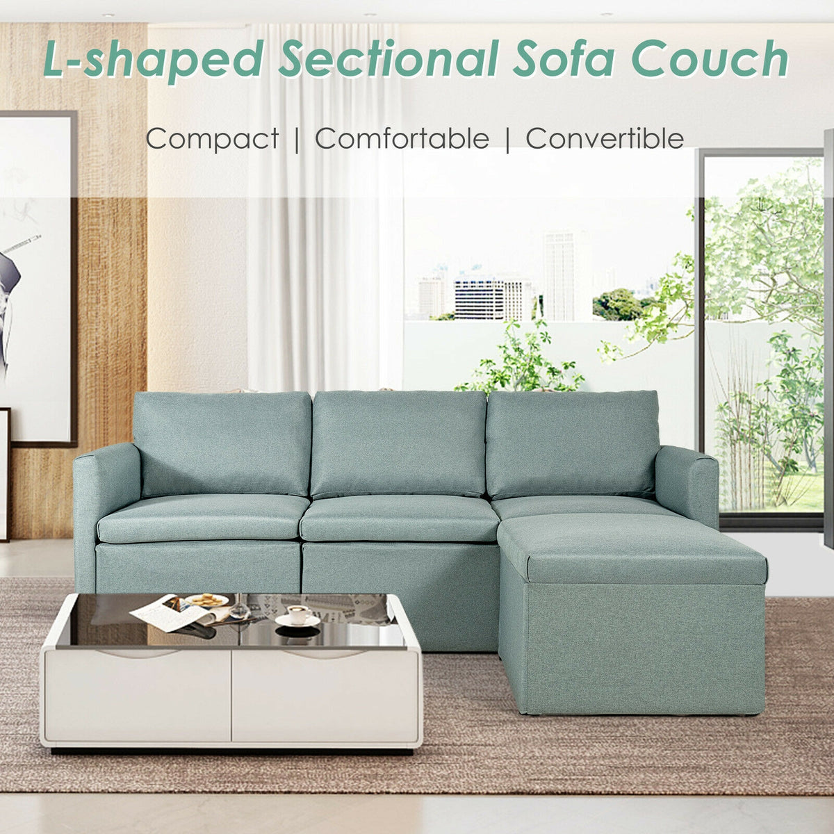 Convertible L-Shaped Sectional Sofa with Reversible Chaise - Green
