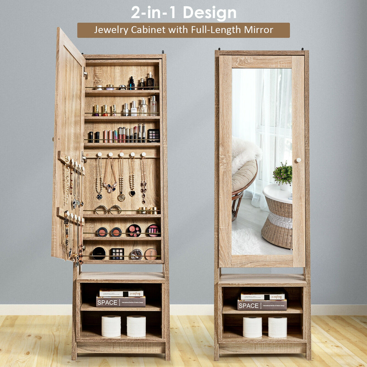 Wooden Jewelry & Cosmetics Storage Cabinet with Mirror