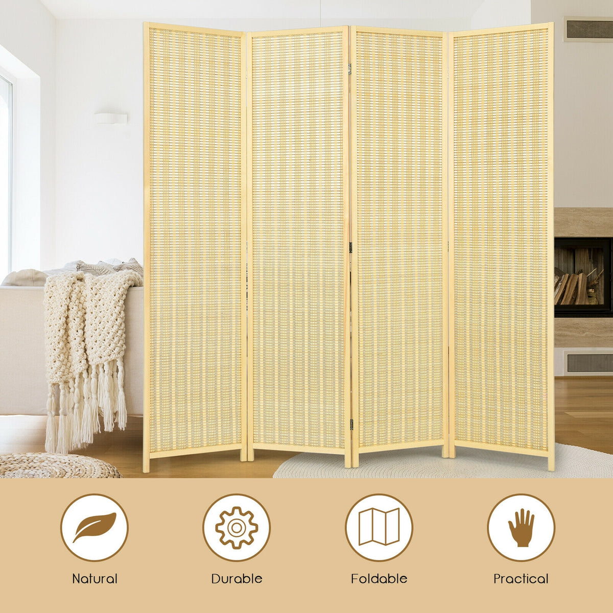 Natural 6 ft 4-Panel Portable Folding Room Divider Screen - Space Saver Privacy