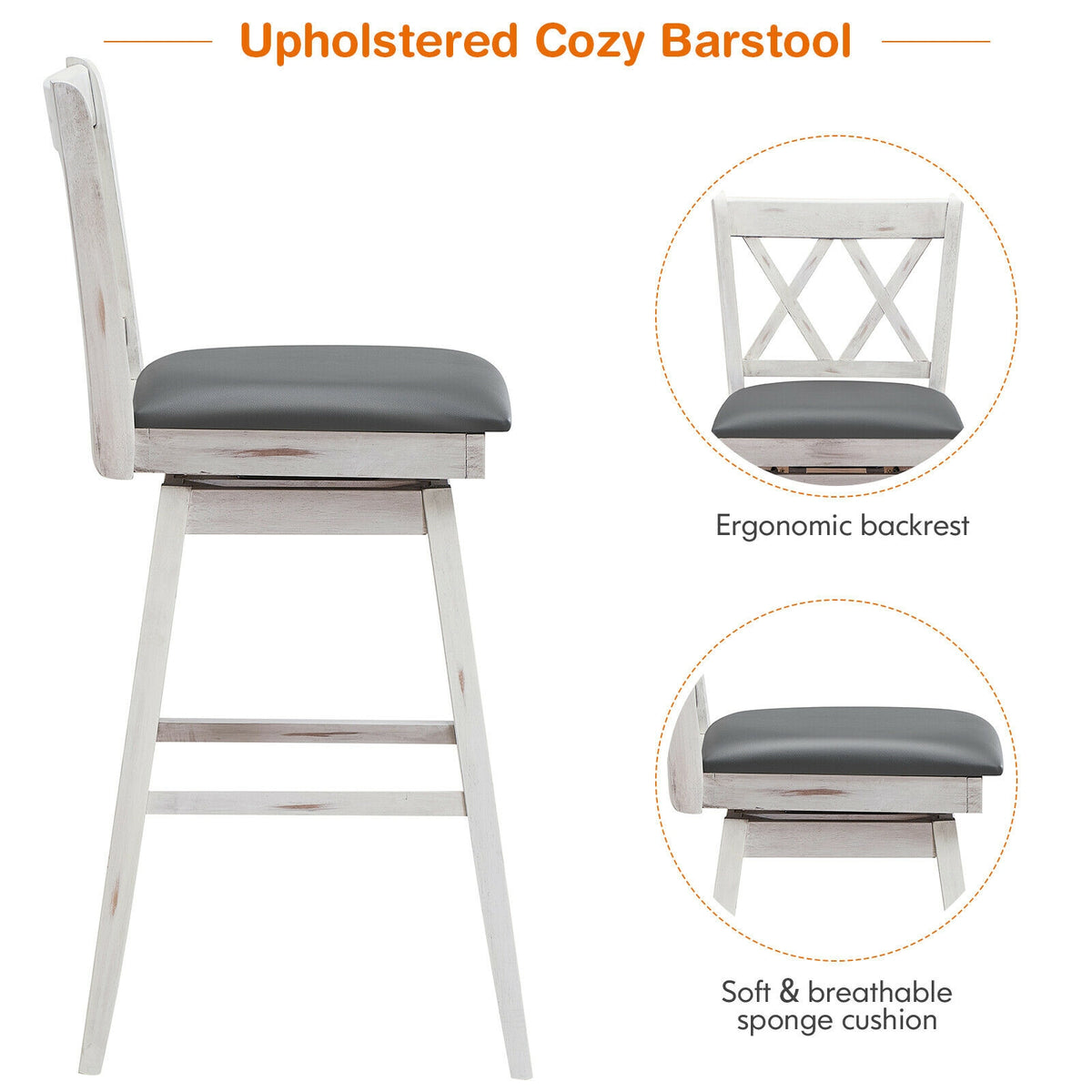 2-Piece Counter Height Barstool Set with Swivel Seat - White Cushion