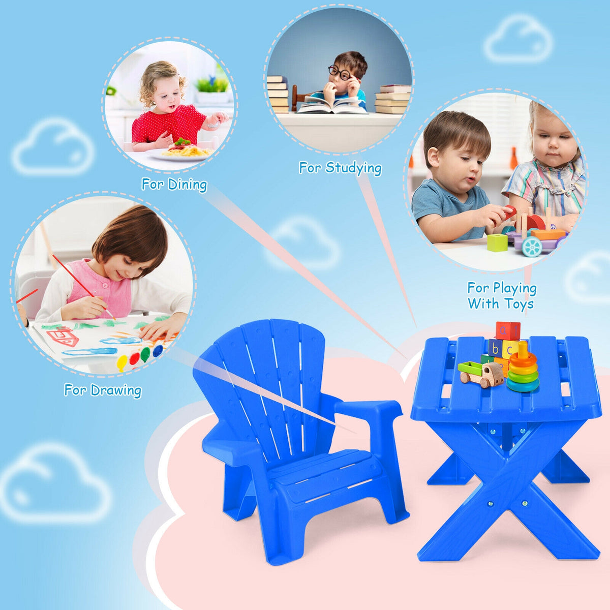 Blue 3-Piece Children's Plastic Play Table and Chair Set