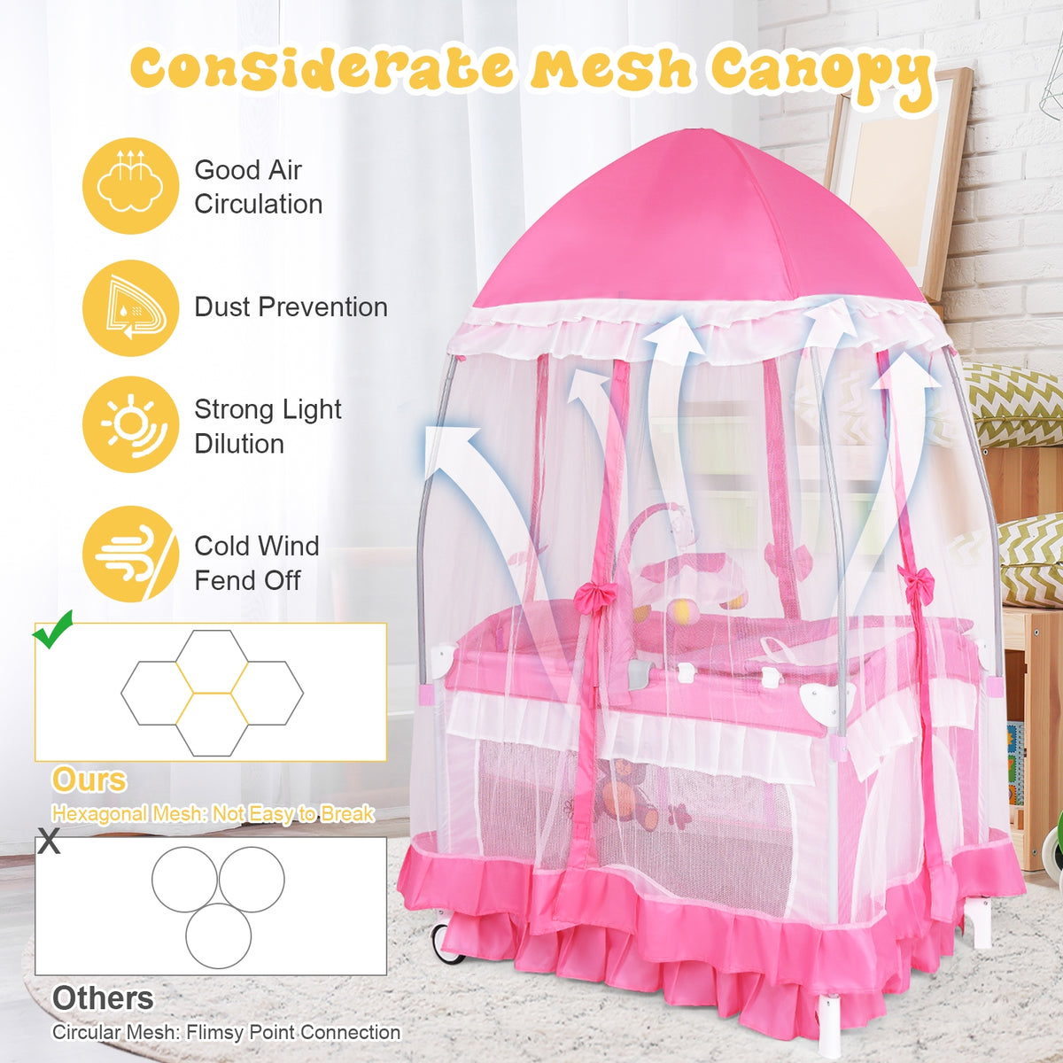 4-in-1 Portable Baby Playard with Carry Bag, Mosquito Net & Removable Bassinet - Pink