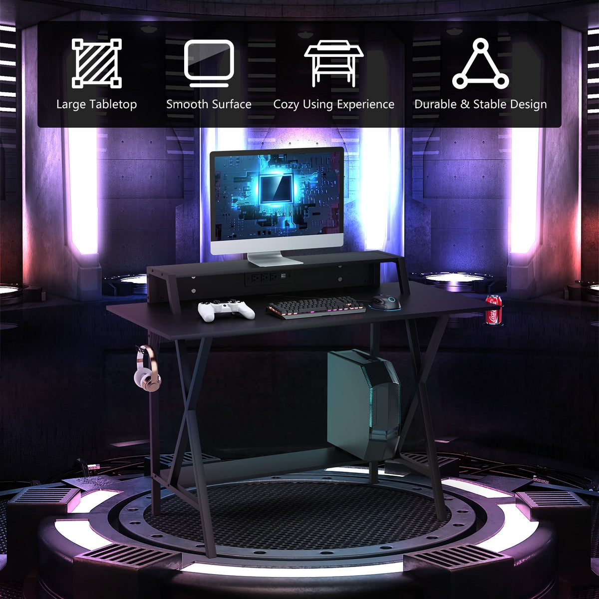 Gaming Desk with Monitor Shelf, Cup & Headphone Holder