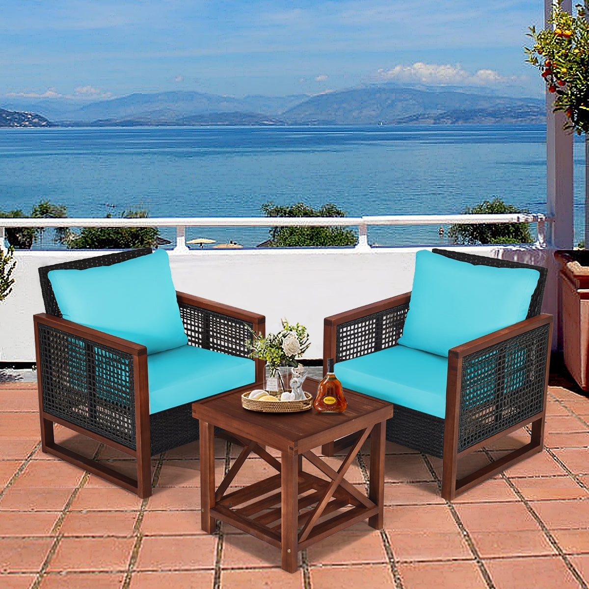 3 Pieces Acacia Wood Patio Furniture Set with Coffee Table