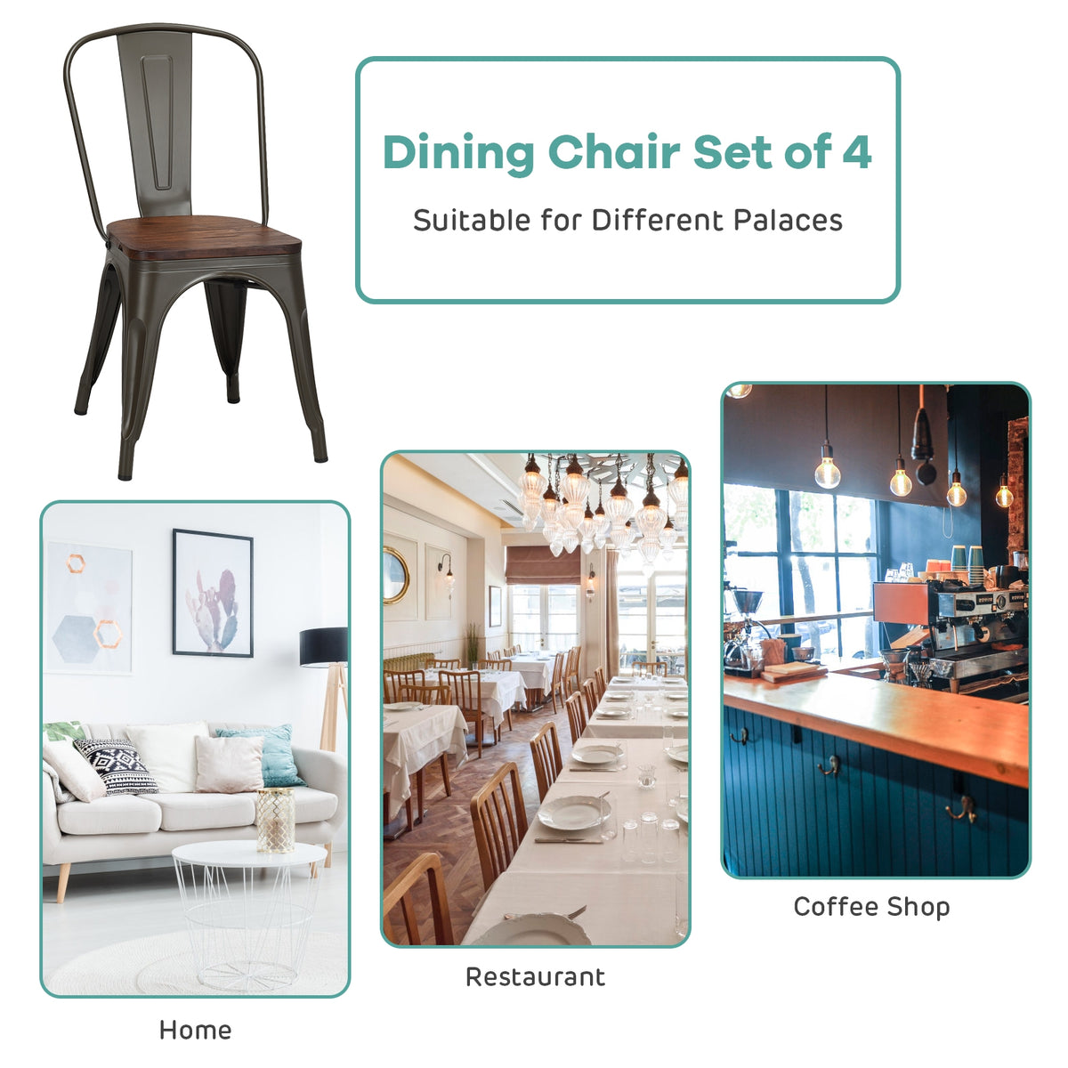Stackable Metal Dining Chair Set of 4, Dark Green
