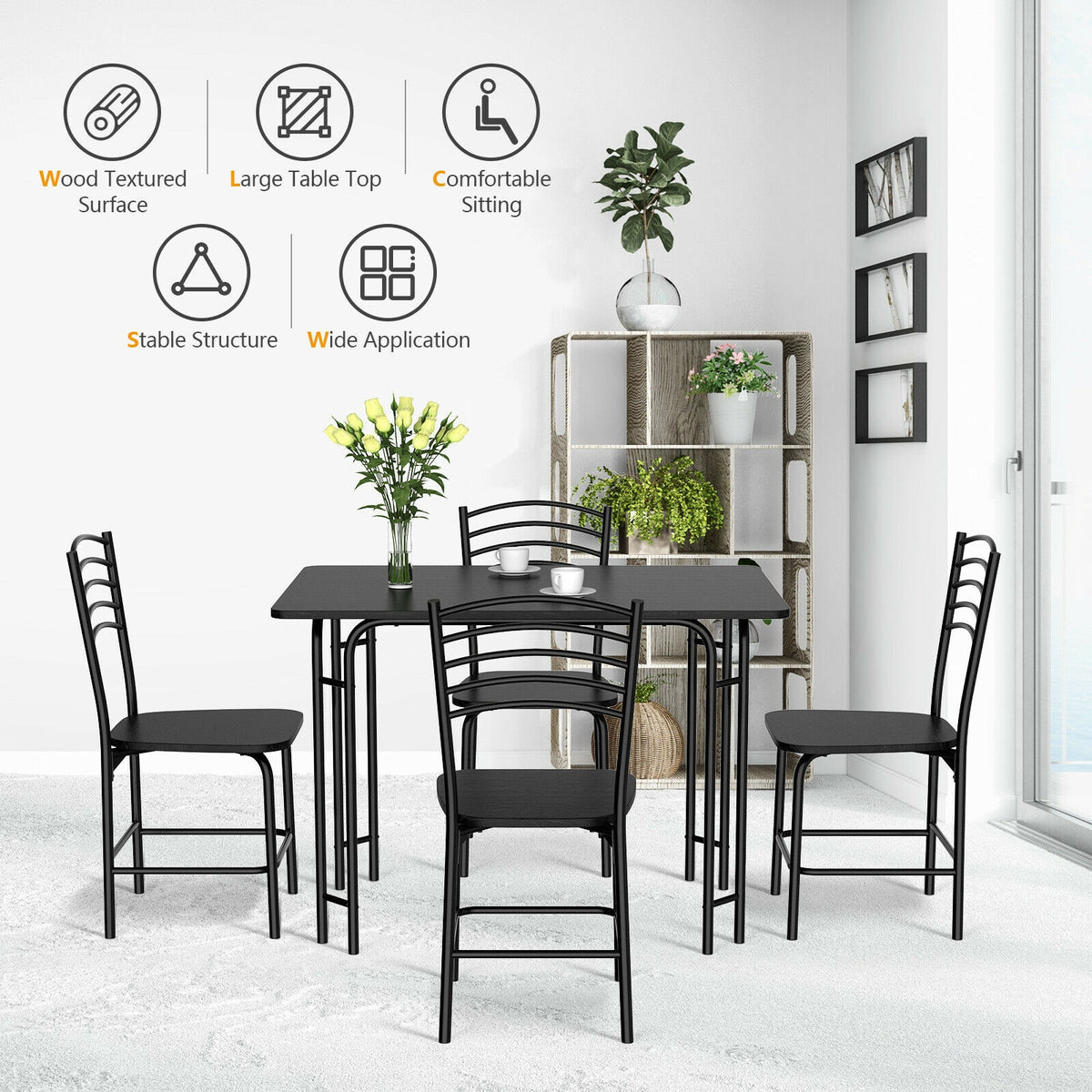 5-Piece Dining Table Set with 4 Chairs - MDF Table