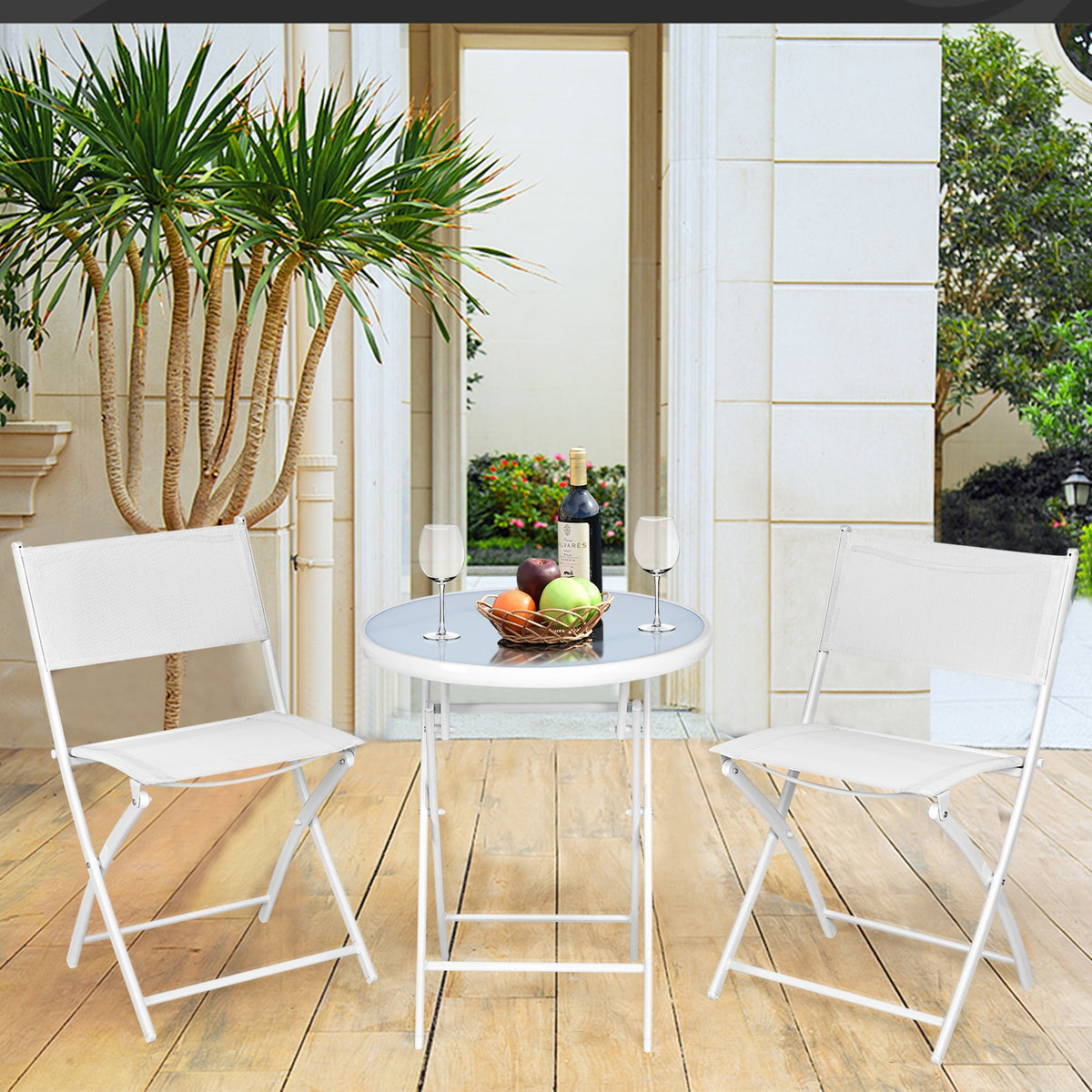 3-Piece Patio Bistro Set with Folding Chairs & Glass Table - Black Textile