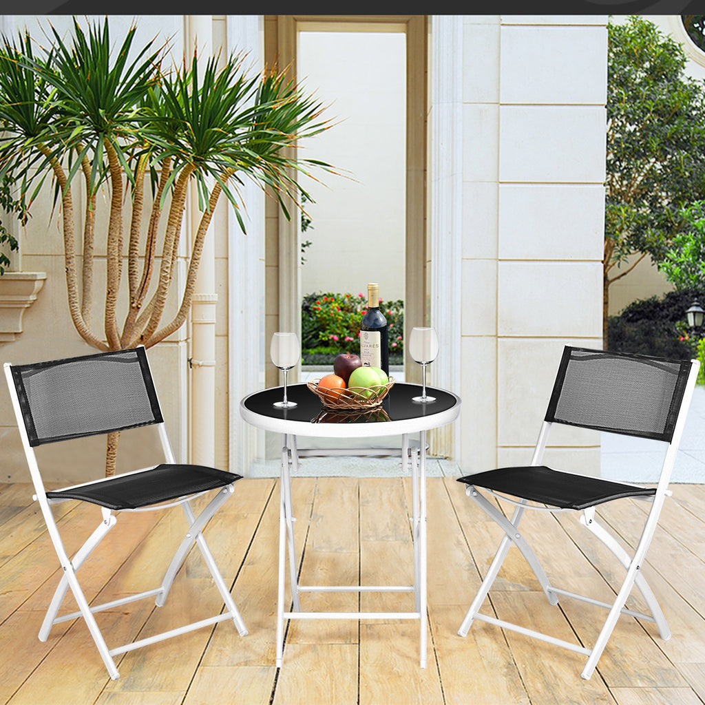 3-Piece Patio Bistro Set with Folding Chairs & Glass Table - Black Textile