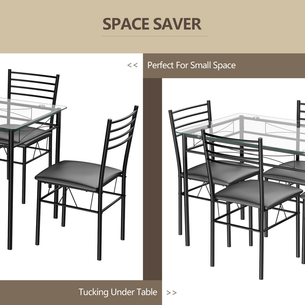 5-Piece Dining Set with Tempered Glass Top Table and 4 Upholstered Chairs
