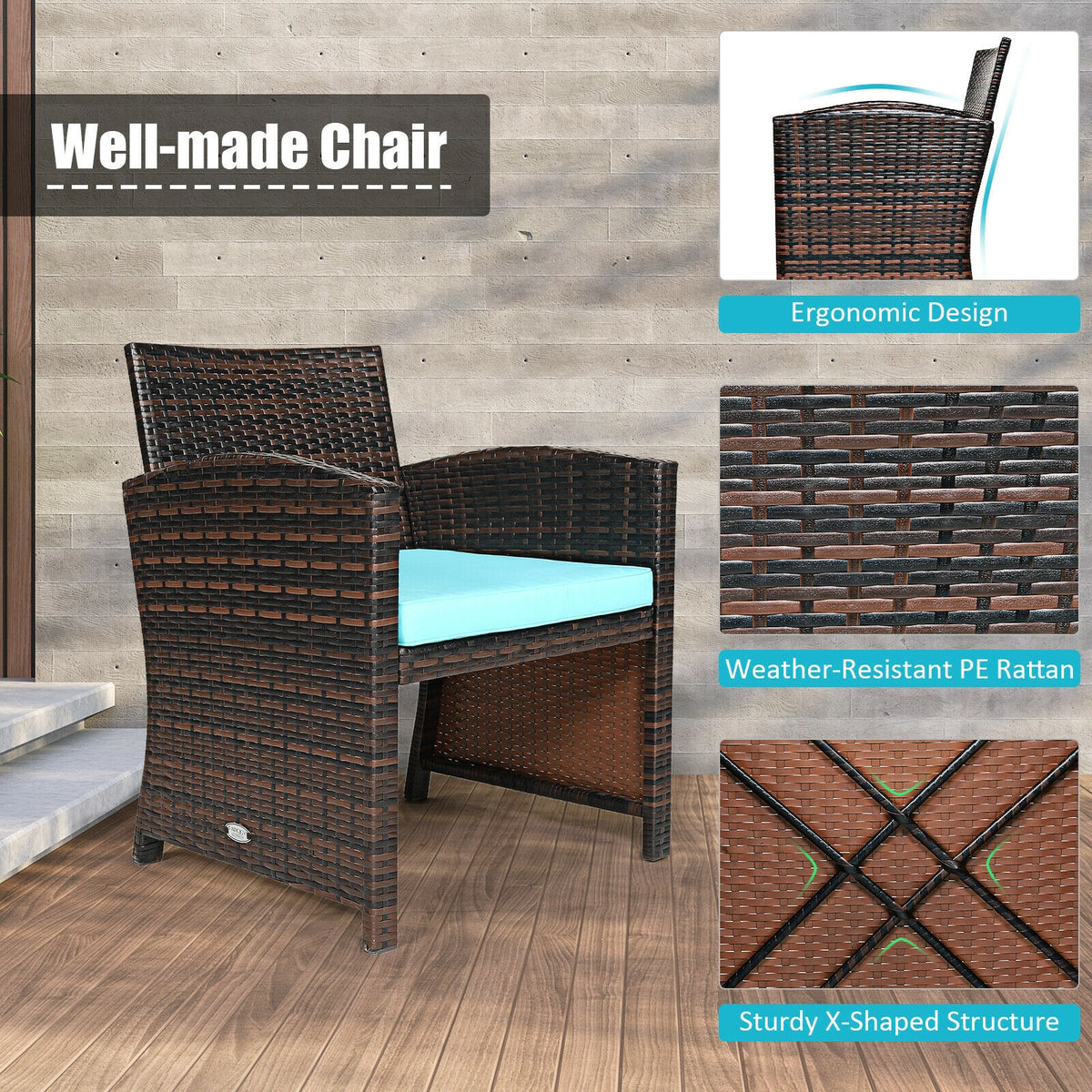 3 Pieces PE Rattan Wicker Furniture Set with Cushion Sofa Coffee