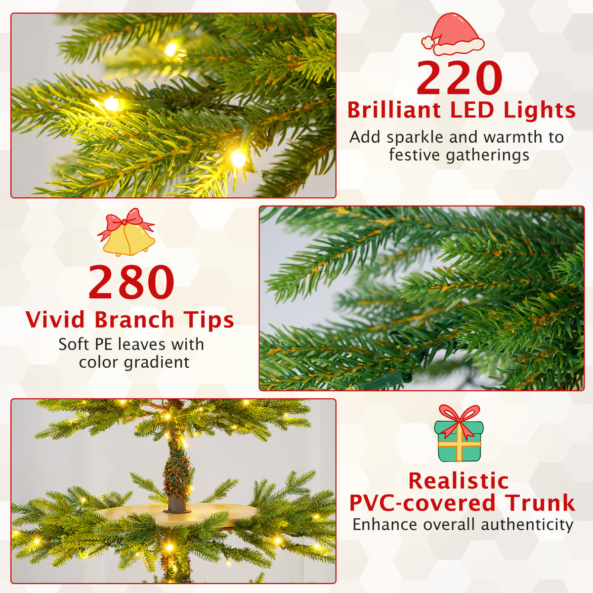 6.4 FT Rotating Artificial Christmas Tree with 280 Tips & 220 LED Lights - Realistic Holiday Decor