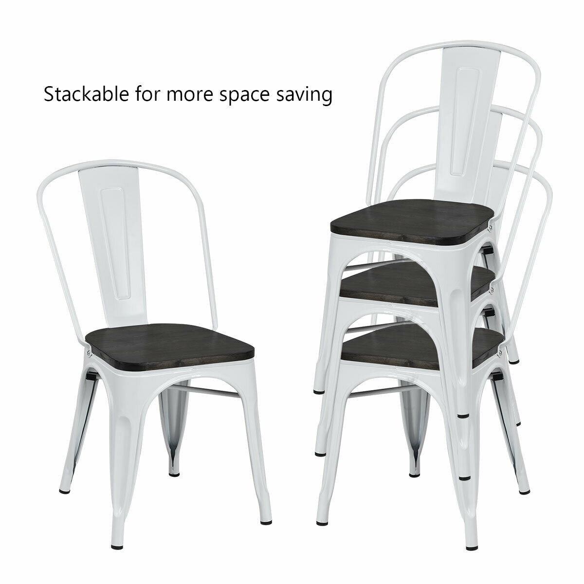 4 Piece Metal Dining Chairs with Wood Seat - White