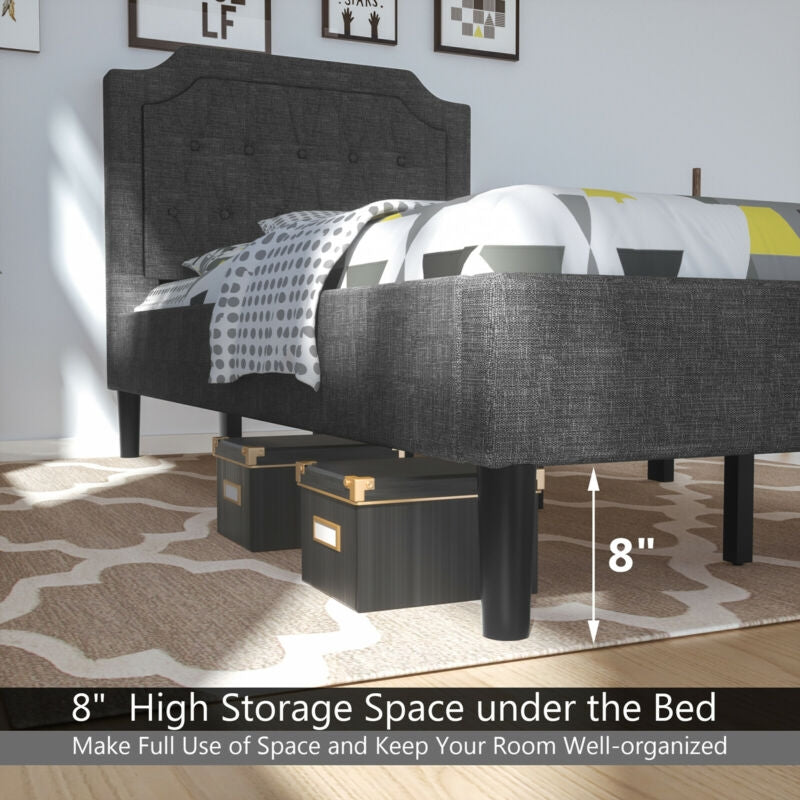 Linen Twin Upholstered Platform Bed with Button-Tufted Headboard