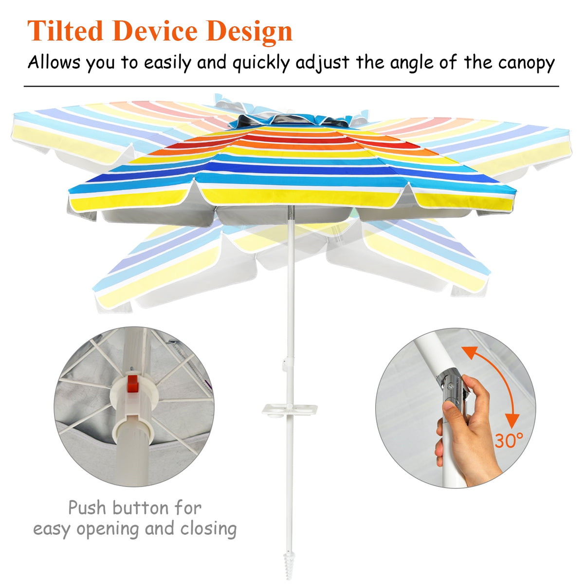 7.2 FT Beach Umbrella with Sand Anchor & Tilt – Multicolor