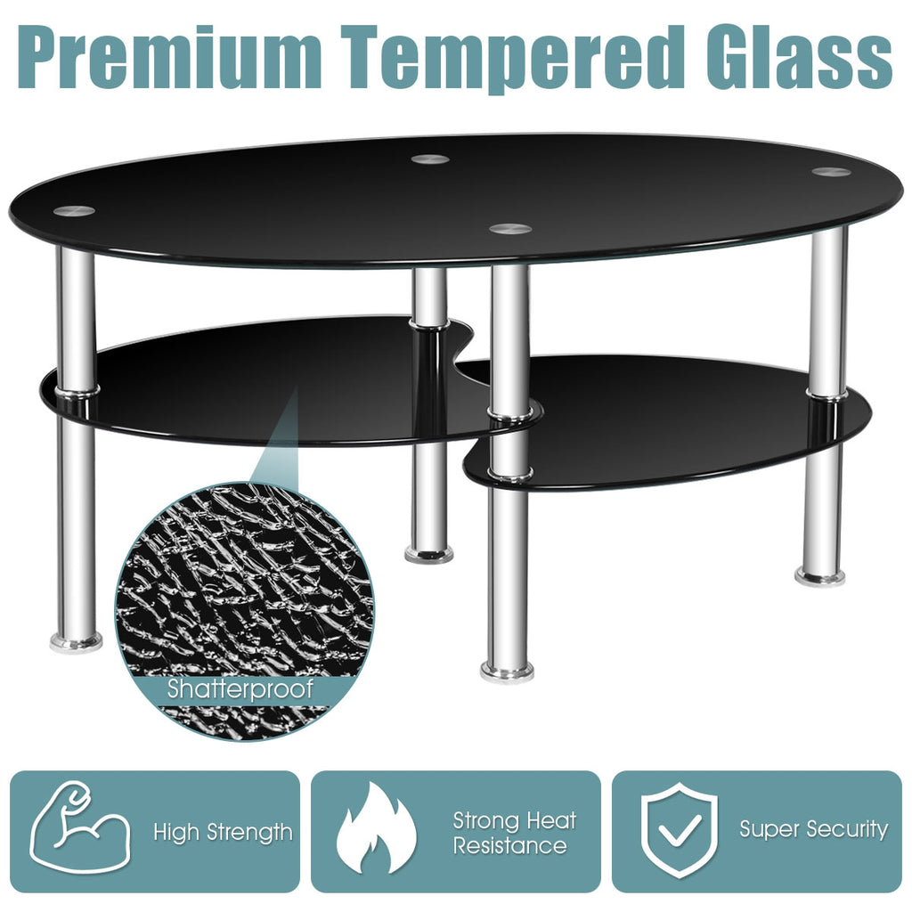 Tempered Glass Oval Coffee Table with Storage – Black