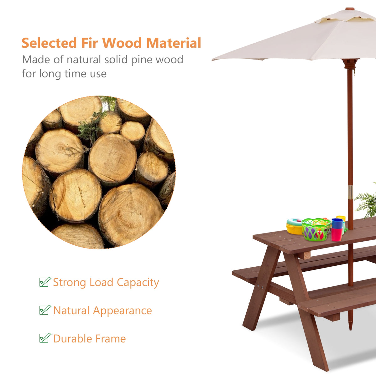 Kids Picnic Table Set with Removable Umbrella - Brown, 4 Seats