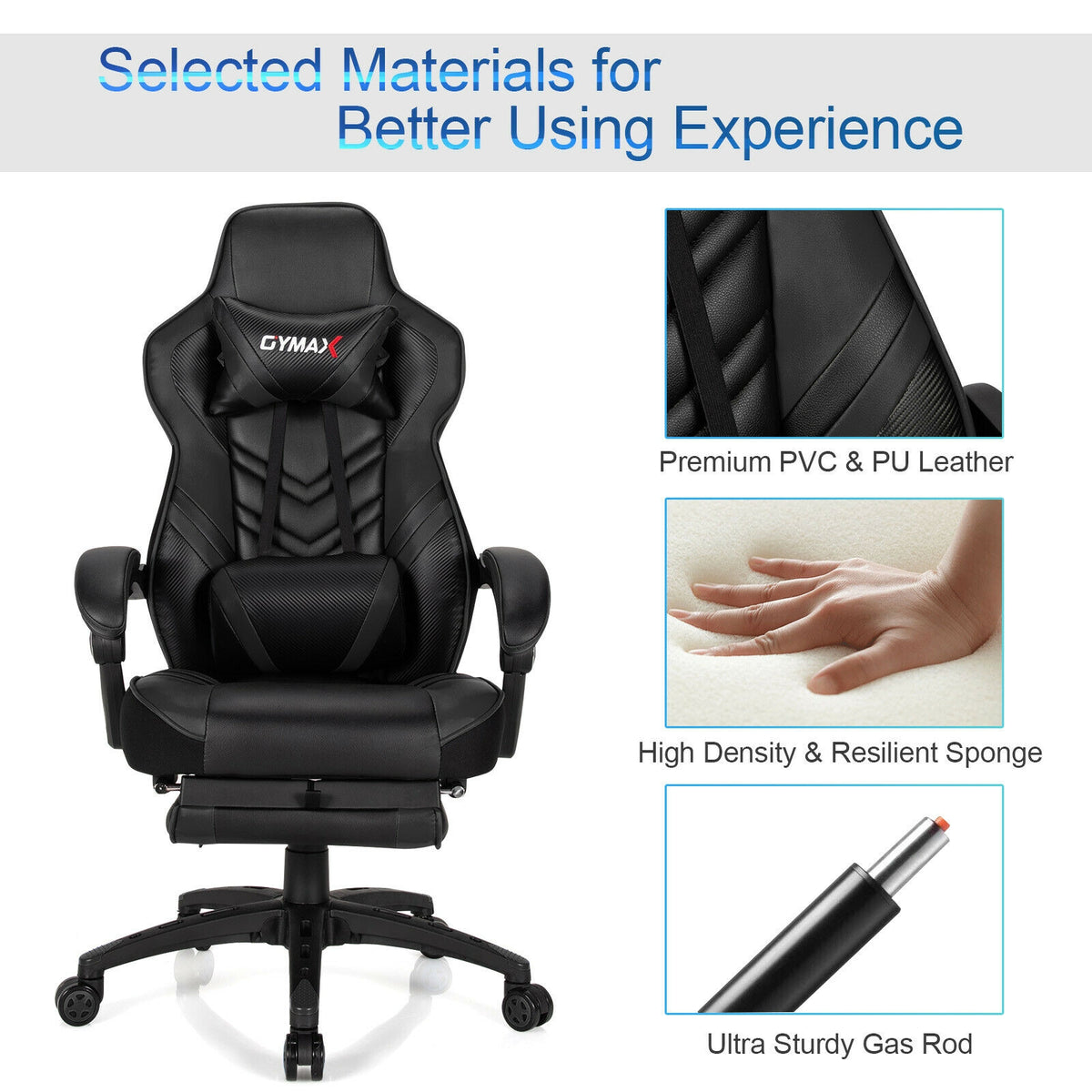 Adjustable Gaming Chair with Footrest, Black