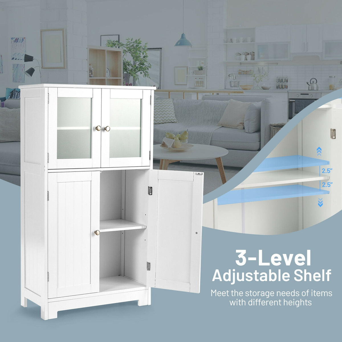 Bathroom Floor Storage Cabinet with Glass Doors and Adjustable Shelf