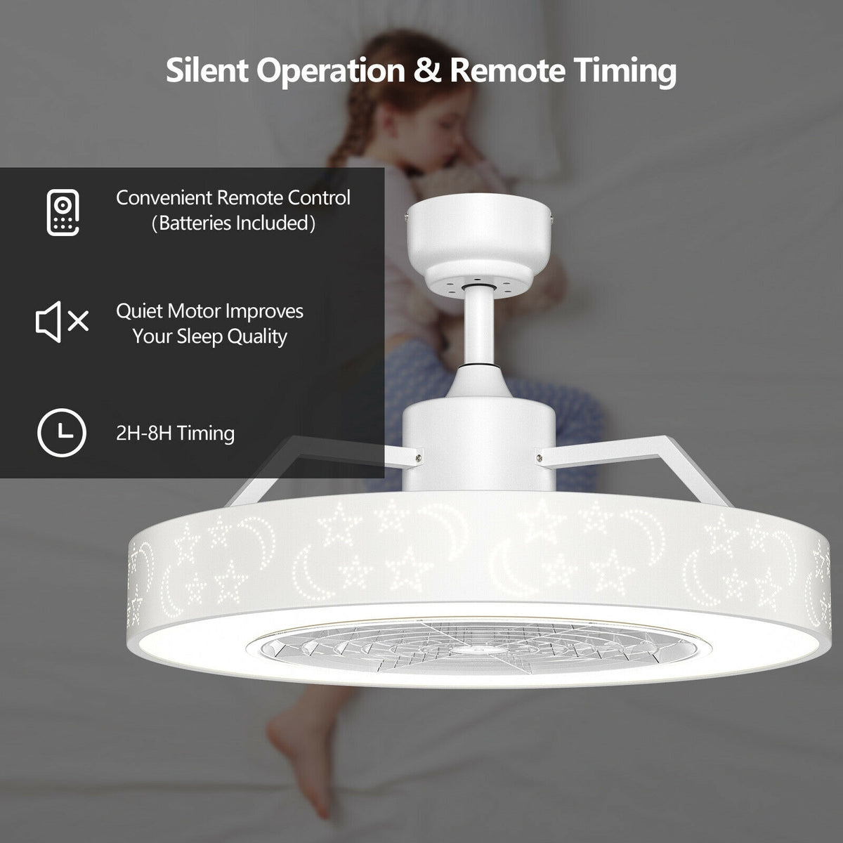 White 23-Inch Ceiling Fan with LED Light and Remote Control