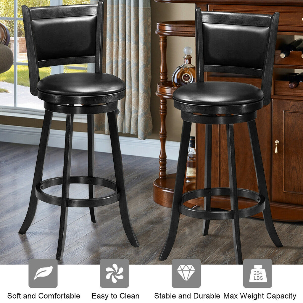 29 Inch Wooden Swivel Bar Stool with PVC Cushioned Seat - Black