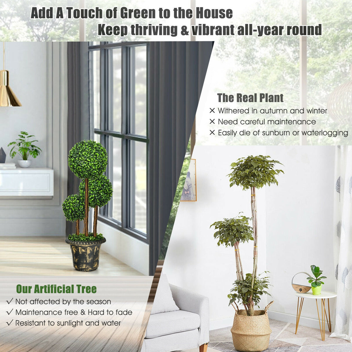 36-Inch Artificial Topiary Triple Ball Tree for Indoor & Outdoor Decor - Realistic Green Leaves