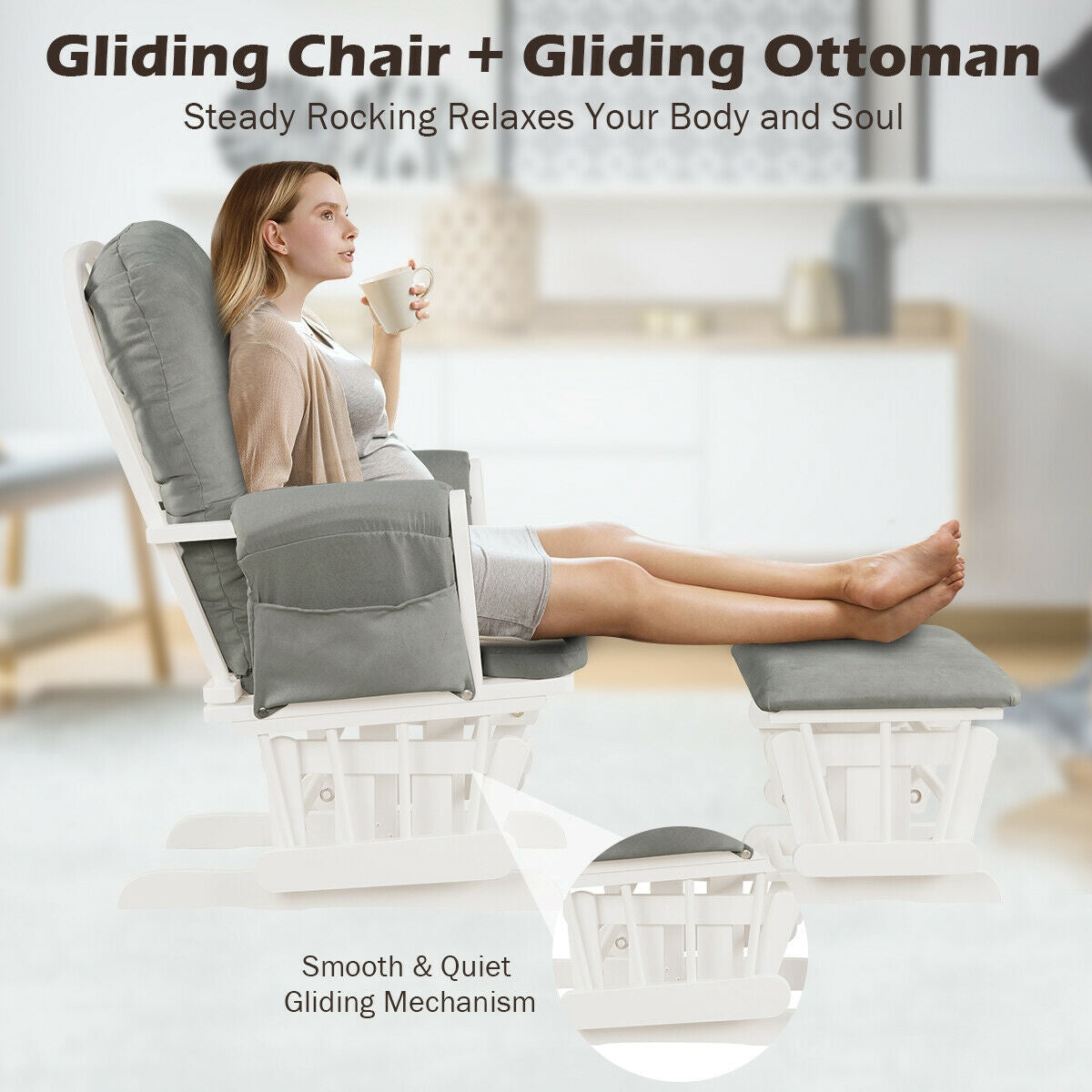 Wood Glider and Ottoman Set with Storage Pocket - Light Gray