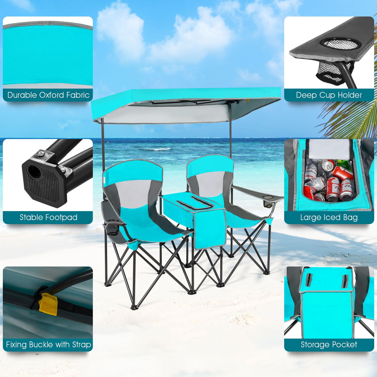 Portable Folding Camping Chair with Canopy - Turquoise