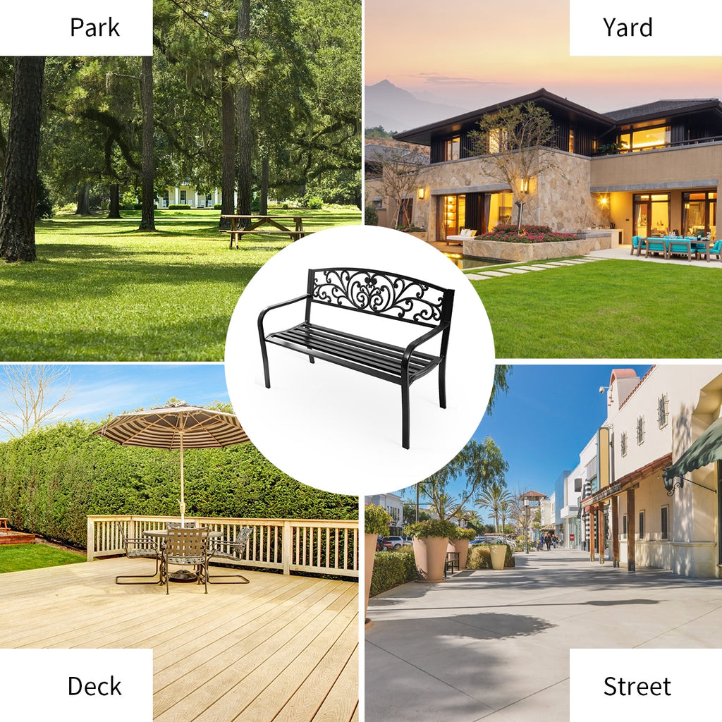 50-Inch Patio Park Bench, Steel Frame & Cast Iron Backrest - Style 2