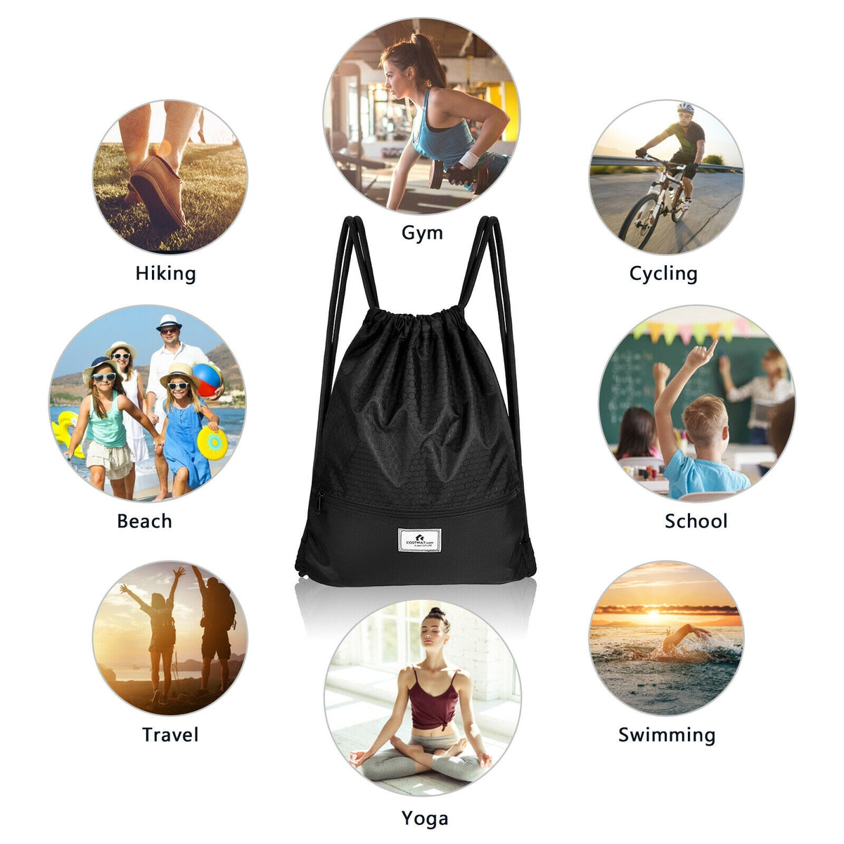 Drawstring Backpack with Zipper Pocket - Black