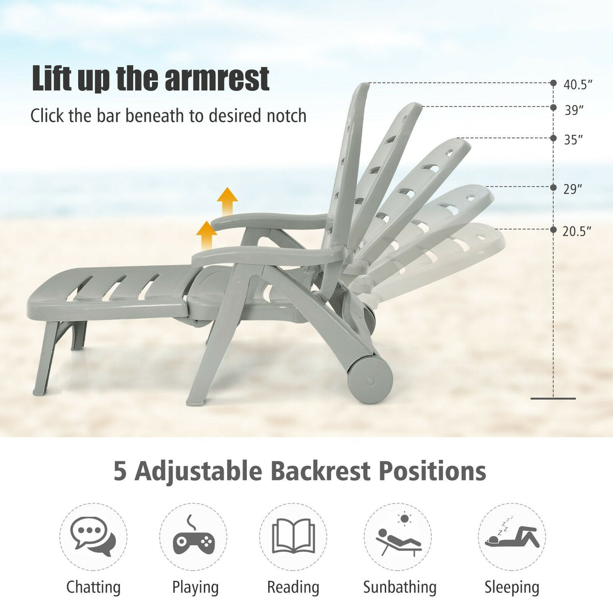 5-Position Adjustable Folding Chaise Lounge Chair with Wheels - Gray